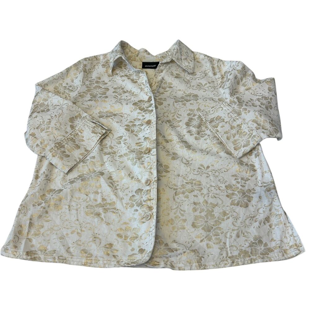 Avenue Women's Gold Floral Shacket Size 14/16 Linen Blend 3/4 Sleeve